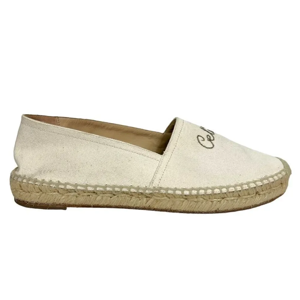 CELINE Embroidered Logo Triomphe Flat Espadrilles Canvas Cream Size 40 US 10
